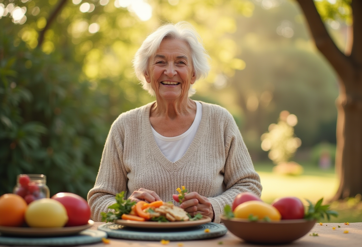 Щаслива жінка середнього віку з тарілкою здорової їжі